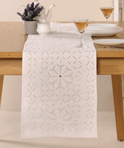 Dining Table Runner In Lily White Applique Cutwork Cotton With Mirrors | Handmade In India - Image 2